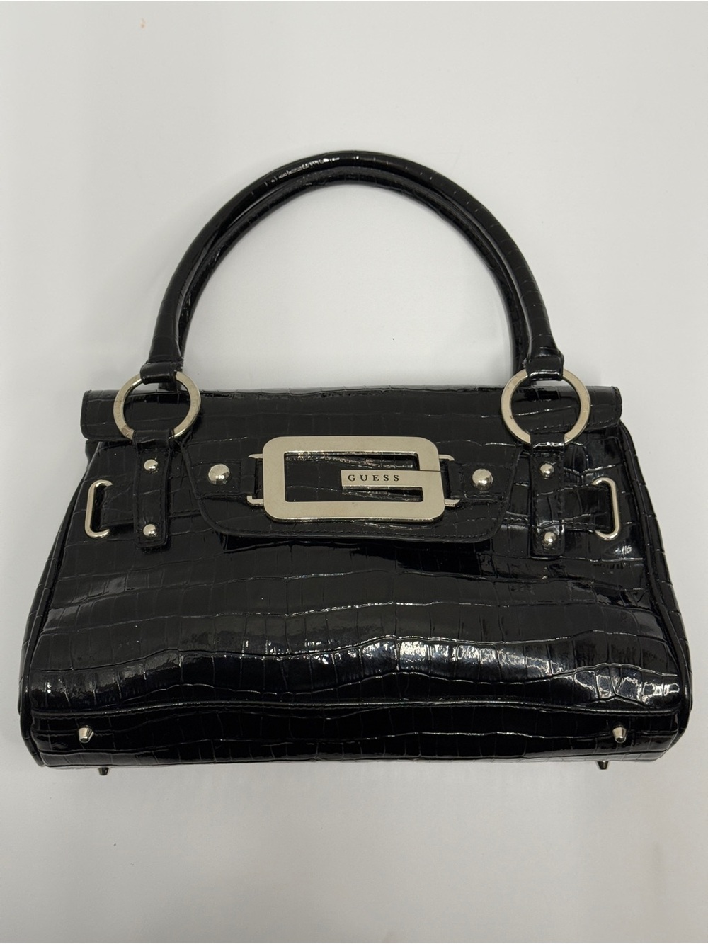 GUESS Black Croc-Embossed Top Handle Bag Purse